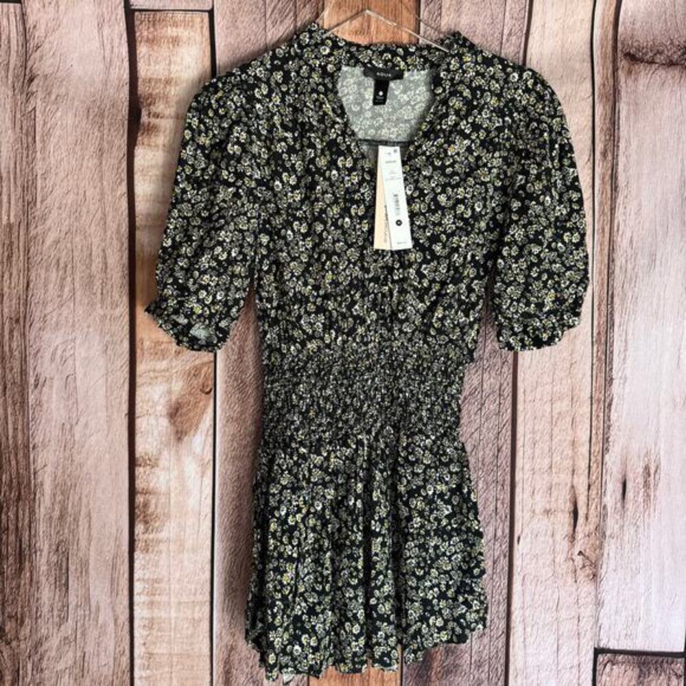 AQUA Floral Smocked Puff Sleeve Daisy Mini Dress Medium‎ Casual Versatile NWT